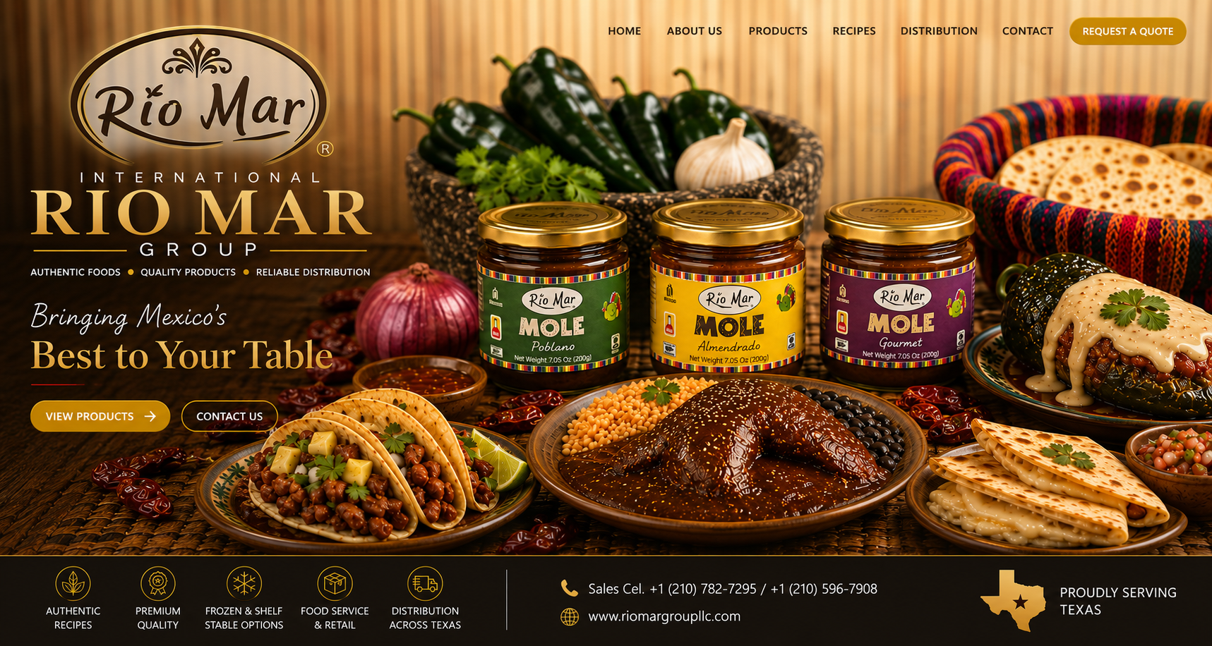 Rio Mar mole jars, tacos and authentic Mexican ingredients on a wooden table